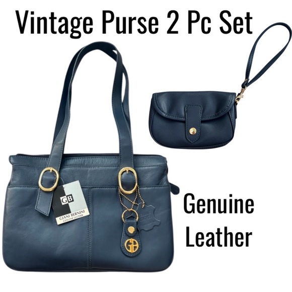 Vintage Leather Purse Set Navy Blue Vintage Handbag Genuine Leather Sachel - Picture 1 of 17